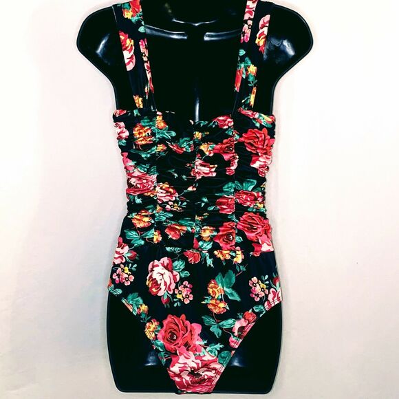 New S Floral Ruched Deep V Neck Wired Bodysuit Black 90's Retro - Picture 7 of 8